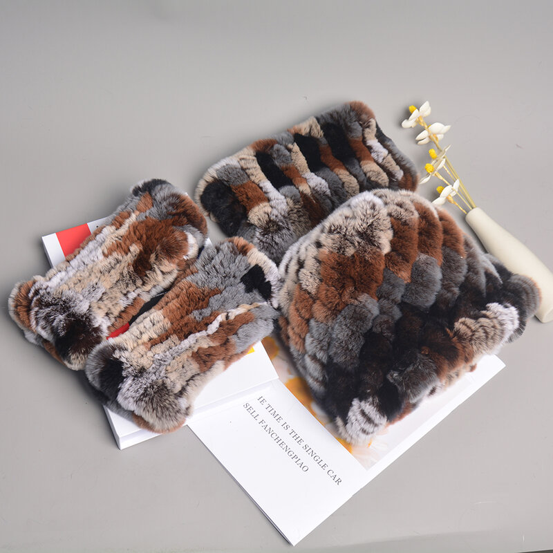 Women Winter Knit Elasticity Real Rex Rabbit Fur Hat Scarf Gloves Sets Natural Warm Rex Rabbit Fur Cap Scarves Mittens 3 Pieces