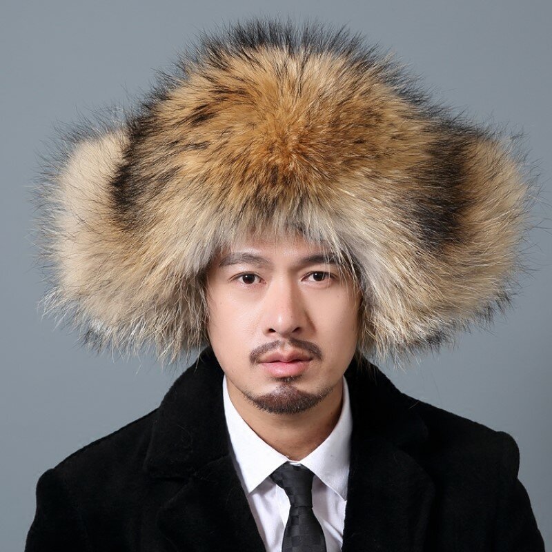 Gorgeous Natural Color Earflap Genuine Raccoon Fox Fur Russian Hat for Men CX-C-219A