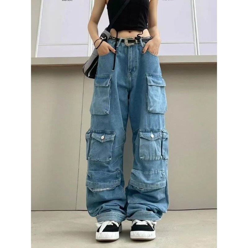Pantalones vaqueros retro americanos con múltiples bolsillos, pantalones de pierna ancha informales simples lavados en azul, monos Y2K, pantalones de mezclilla de cintura alta