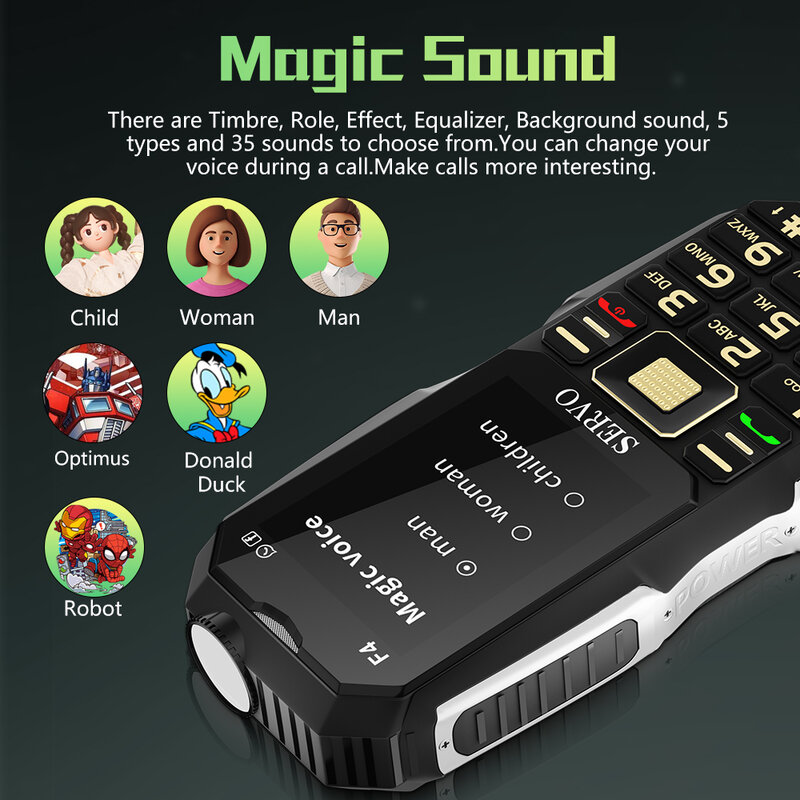 SERVO F4 Rugged Phone 3 SIM Card Cellphone Magic Voice Auto Record Call Flashlight Radio Big Button 2.4“ Mobile Phone Power Bank
