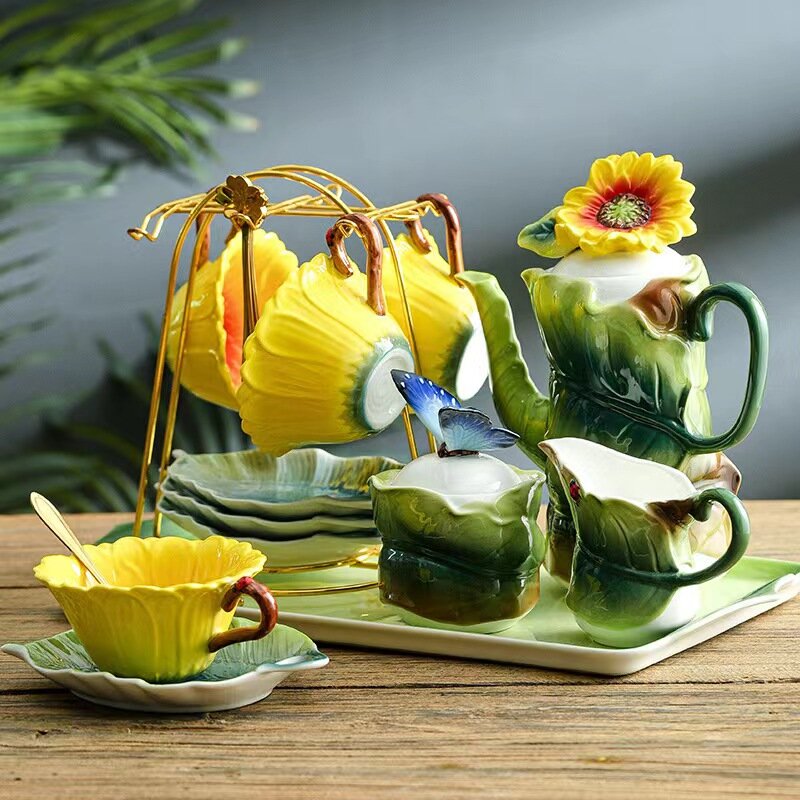 Tasse à café en émail de fleurs de style pastChevélégant, tasse à thé et café en céramique en forme de tournesol pour l'après-midi