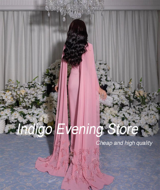 Indigo-Robe de soirée en mousseline de soie pour femme, col rond, plumes de fibre, fente latérale, robe de soirée formelle, 2024