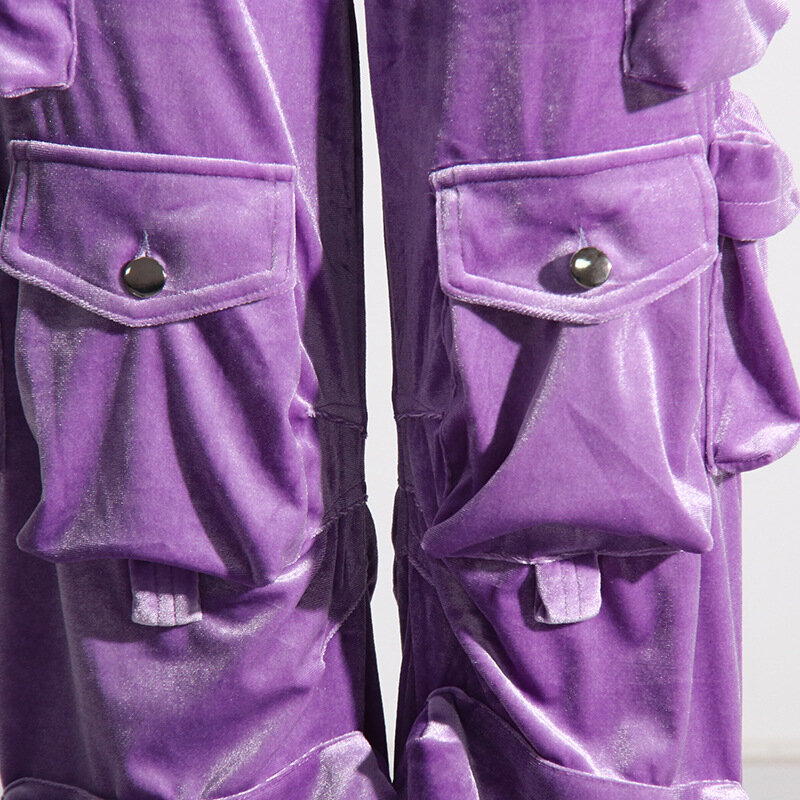 Celana panjang beludru ungu untuk wanita, celana panjang kerja bisnis longgar kaki lebar kasual musim semi untuk wanita