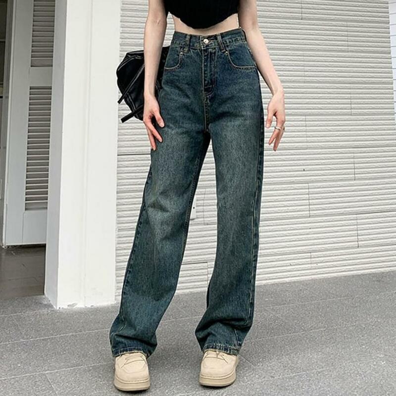 High-waist Jeans Stylish High Waist Wide Leg Women's Jeans with Ripped Pockets Button Closure Trendy Denim Pants for A