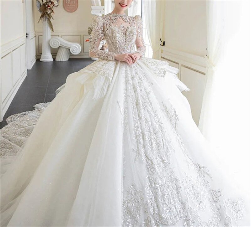 Dubai arábia gola alta mangas completas vestido de casamento vestido de baile luxruy cristal vestidos de noiva lantejoulas pérolas igreja robe de mariée