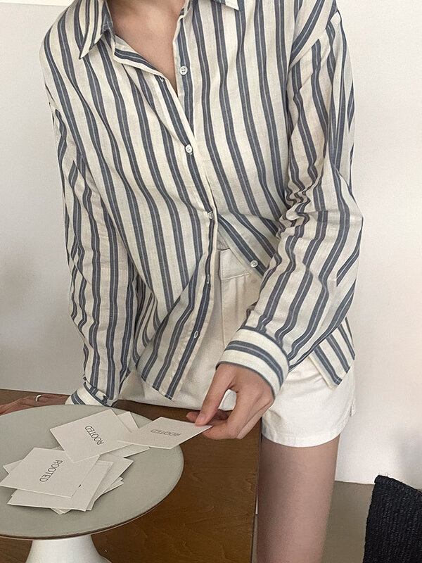 Camisa casual de lapela listrada feminina, manga comprida, encaixe solto, primavera e verão