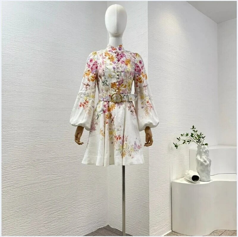 Minivestido Midi Vintage para primavera y verano, vestido con estampado Floral blanco, manga farol, cuello levantado, 2024