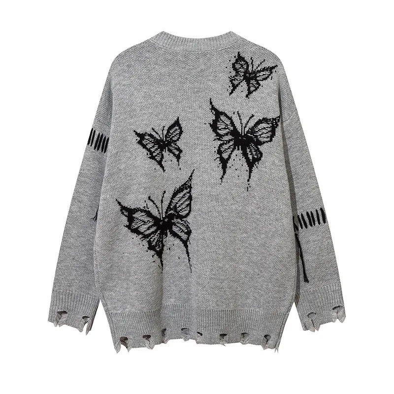 American Style Butterfly Jacquard Hole Sweater Mens Streetwear Fashion Trend Sweatshirt Harajuku Elasticity Pullover Tops Unisex