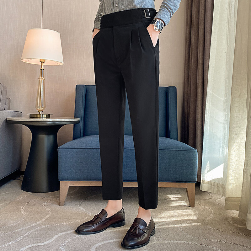 Brytyjski styl mężczyźni wysokiej talii Casual Dress Pant mężczyźni pas projekt spodnie Slim formalne biuro społeczne wesele strój wieczorowy spodnie