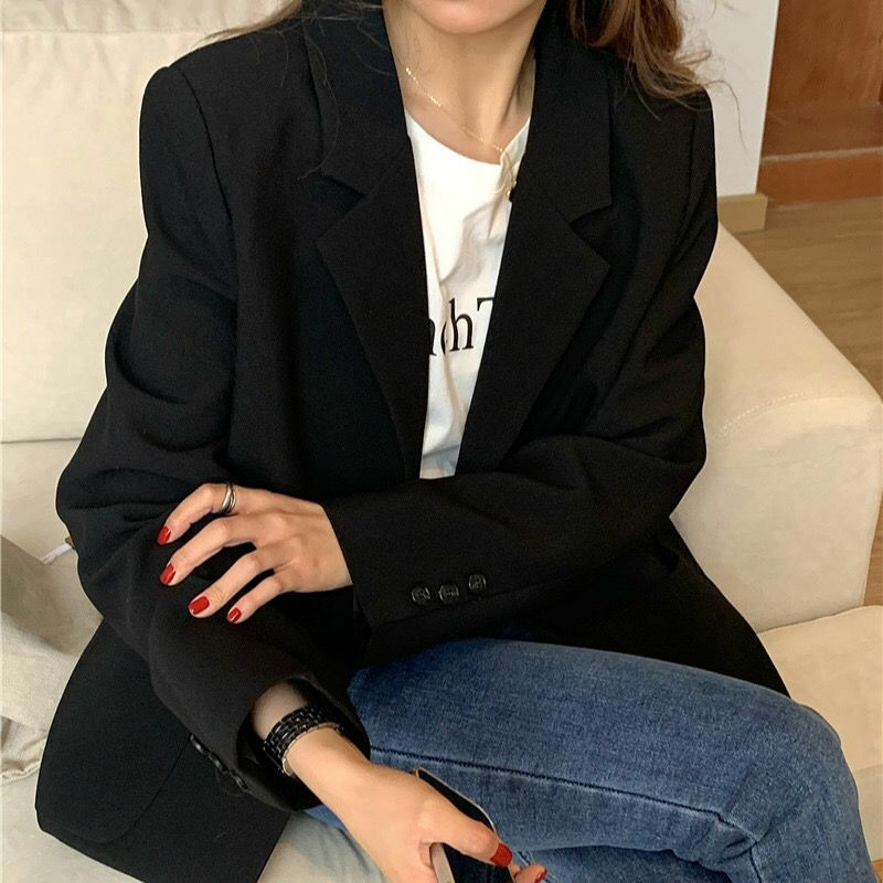Traje holgado y versátil para mujer, traje liso de longitud media con cuello doble y botones, edición coreana, primavera y otoño, 2023
