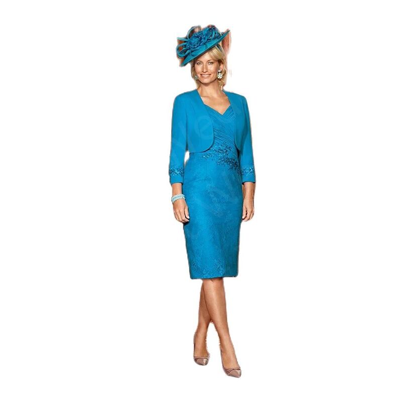 Vestido de encaje largo para madre de la novia, traje azul encantador de dos piezas con chaqueta para fiesta, 2024 en oferta