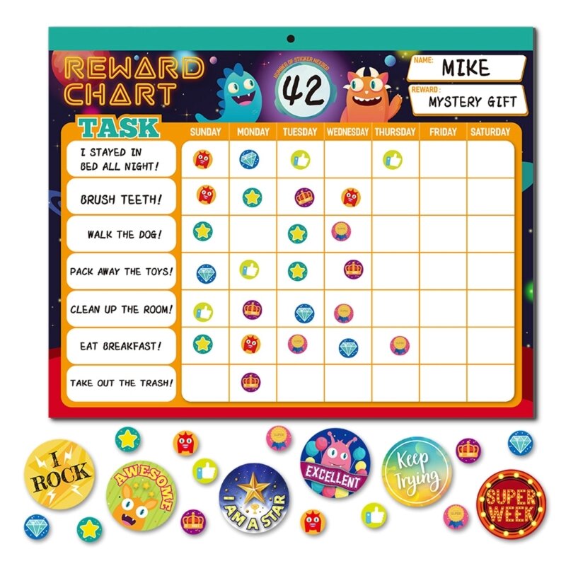 Tabla de recompensa para niños, tabla de rutina magnética con 26 gráficos de tareas, 2280 pegatinas, 48 pegatinas motivacionales