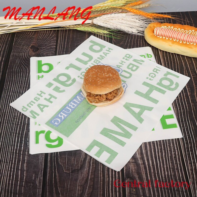 Feuilles de papier alimentaire anti-graisse imprimées personnalisées, fabricants de papier enduit de cire, sandwich, hamburger, deli