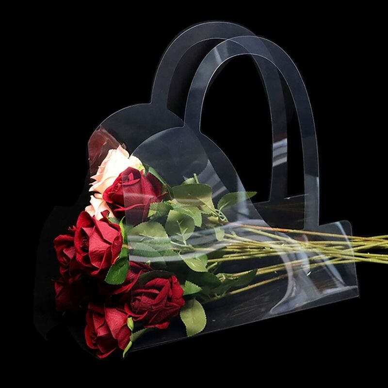 Caja de flores transparente con asa, bolsas de embalaje de flores de ramo de PVC portátiles, bolso de mano contactor de regalo, envoltura de rosas de fiesta