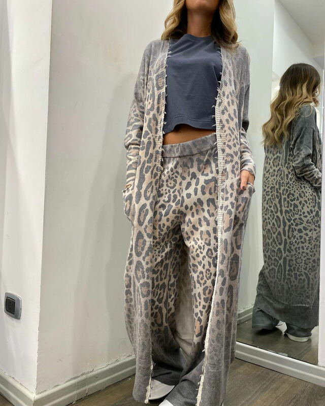 Conjunto casual de calça e top cardigan longo feminino, roupa de leopardo, cintura alta, conjuntos combinando, conjunto 2 peças