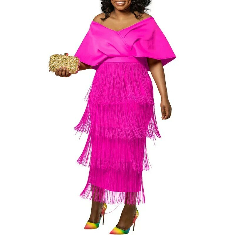 Gaun pesta rumbai wanita elegan kerah V pinggang tinggi mode musim panas jubah seksi bahu terbuka gaun Midi perjamuan gaun baru di wanita Afrika