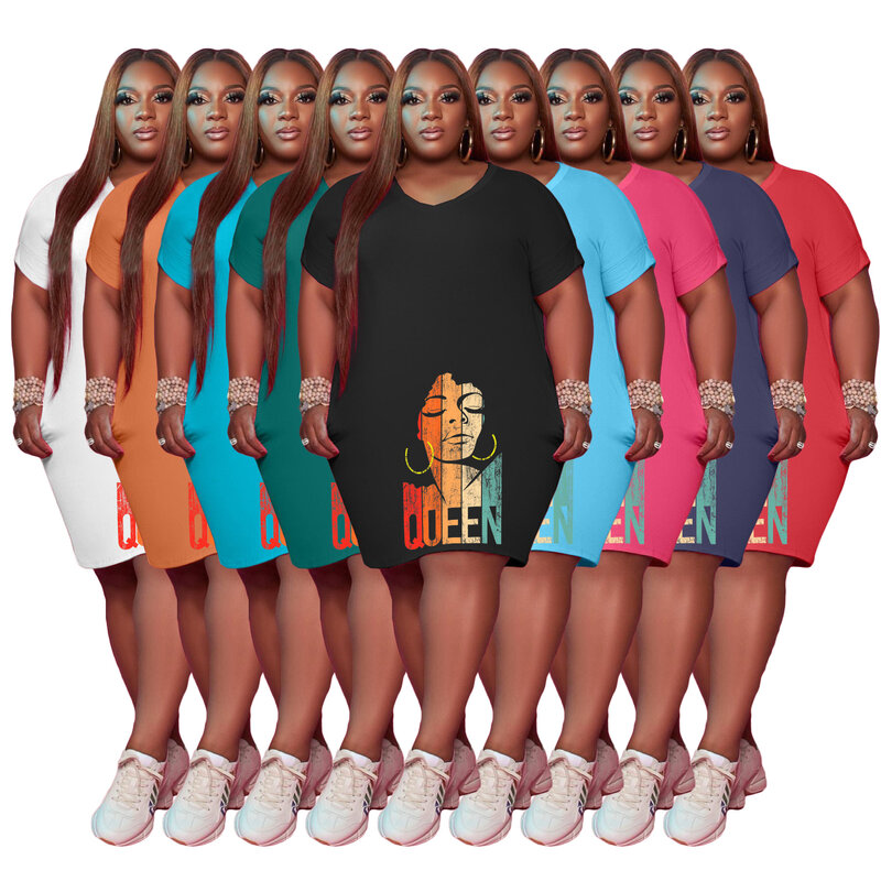 2023 Summer Sexy African Women V-neck Short Sleeve Polyester Printing Plus Size Knee-length Dress 5XL African Dresses for Women