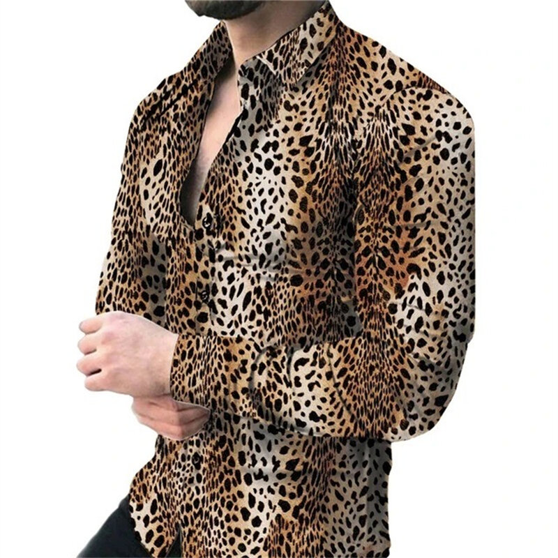 Baju lengan panjang motif macan tutul pria, Atasan kemeja lengan panjang modis kasual desain kancing Musim Panas 2024 untuk pria