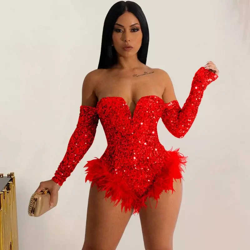 Women Strapless Body Suit Tops Club Rompers Party Nightclub Sexy Bodycon Corset Jumpsuits Silver Gold Sequin Feather Bodysuits