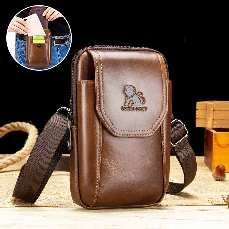 本革の携帯電話バッグ,男性用の牛革ベルト,フック付き,耐摩耗性,斜めの穴,小さなバッグ