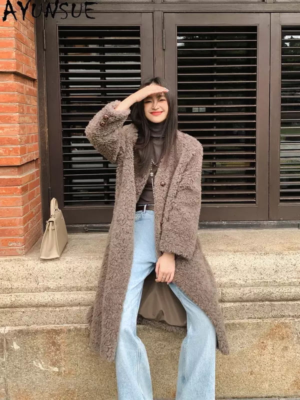 AYUNSUE High Quality Pure Wool Coat Women 2023 Winter Korean Fashion 100% Sheep Shearing Jacket Long Fur Coats Casaco Feminino