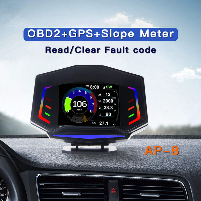 AP-8 Automóvel a bordo HUD Head Up Display, LCD multifuncional, OBD2, GPS, medidor de inclinação, computador de condução, tabela de códigos, tela grande