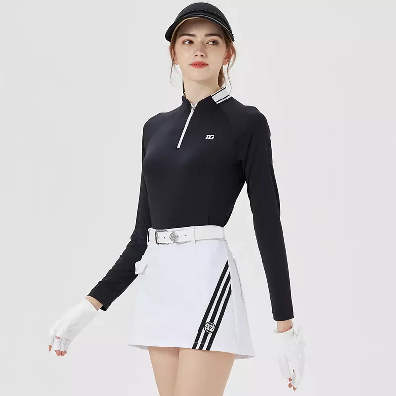 Blktee-Falda de tubo de Golf a rayas para mujer, ropa deportiva de secado rápido, línea A, Tops ajustados de manga larga, camisa de ocio con cuello levantado