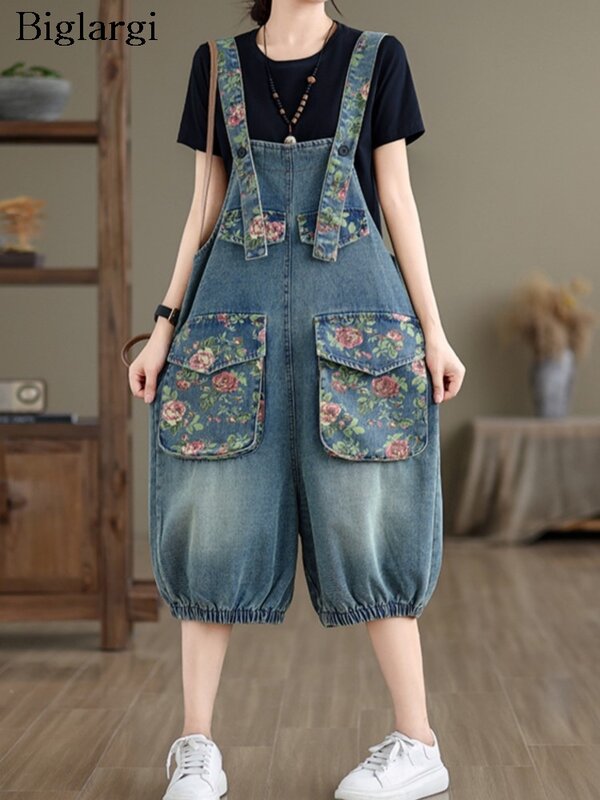 Oversized Jeans Flower Print Summer Denim Strap Shorts Women Casual Fashion Ladies Trousers Loose Pleated Woman Strap Shorts
