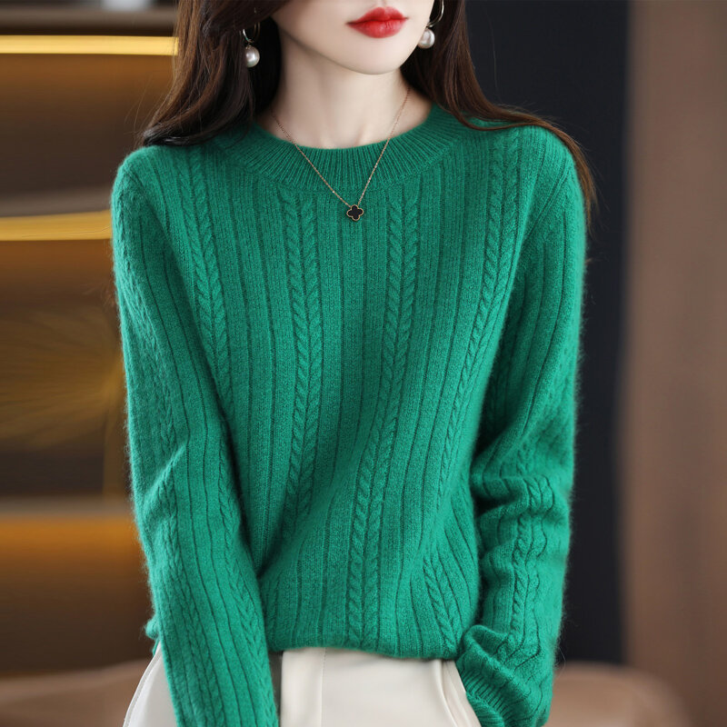 100% pure wool O-neck twisted flower women's pullover high-end cashmere sweater warm knitted long sleeves in autumn and winter