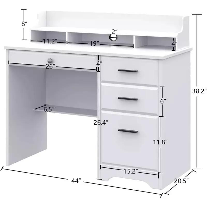 Mesa com gavetas e armazenamento, Home Office Desk, mesa de computador com 4 gavetas e Hutch, pequena mesa branca