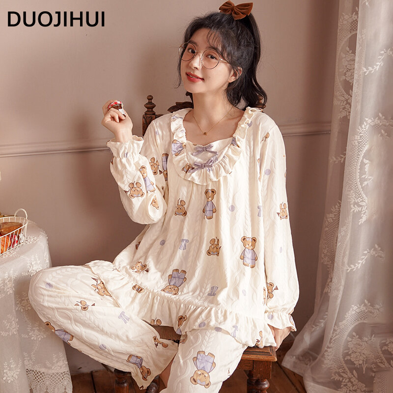 DUOJIHUI Autumn Classic Two Piece Loose Female Pajamas Set New Sweet Pullover Simple Pant Fashion Casual Home Pajamas for Women