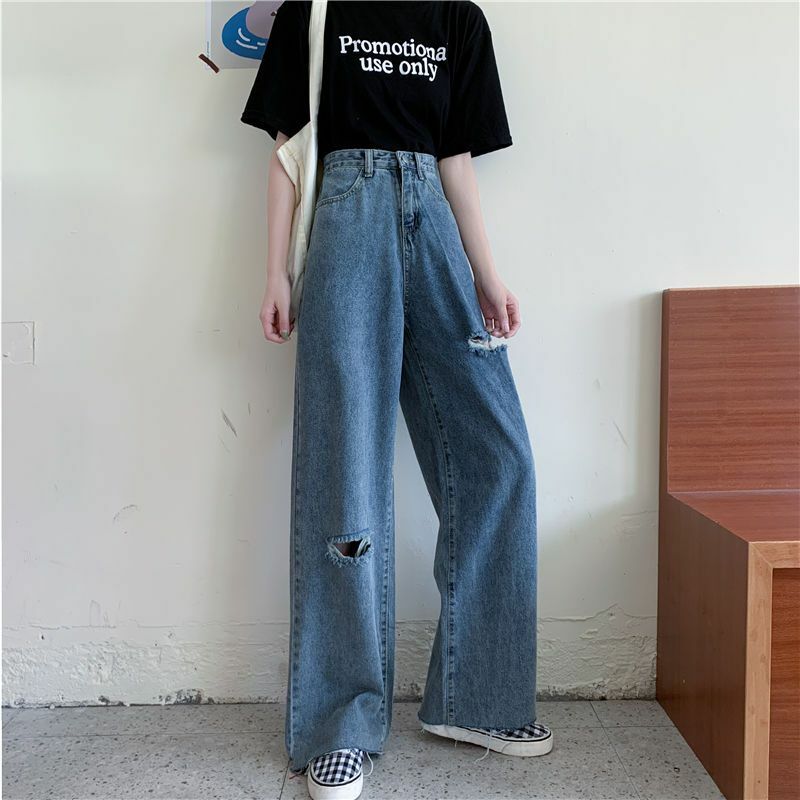 Jeans wanita edisi Korea pinggang tinggi berlubang, celana kaki lebar ramping longgar kaki lurus wanita musim semi/Panas 2024