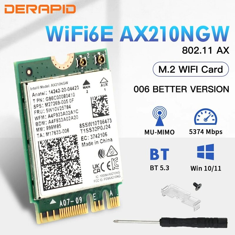 WiFi 6E AX210NGW NGFF adaptor nirkabel Bluetooth 5.3 WiFi6 5374Mbps 2.4G/5G/6GHz 802.11AX untuk Desktop/Laptop untuk Win10/11