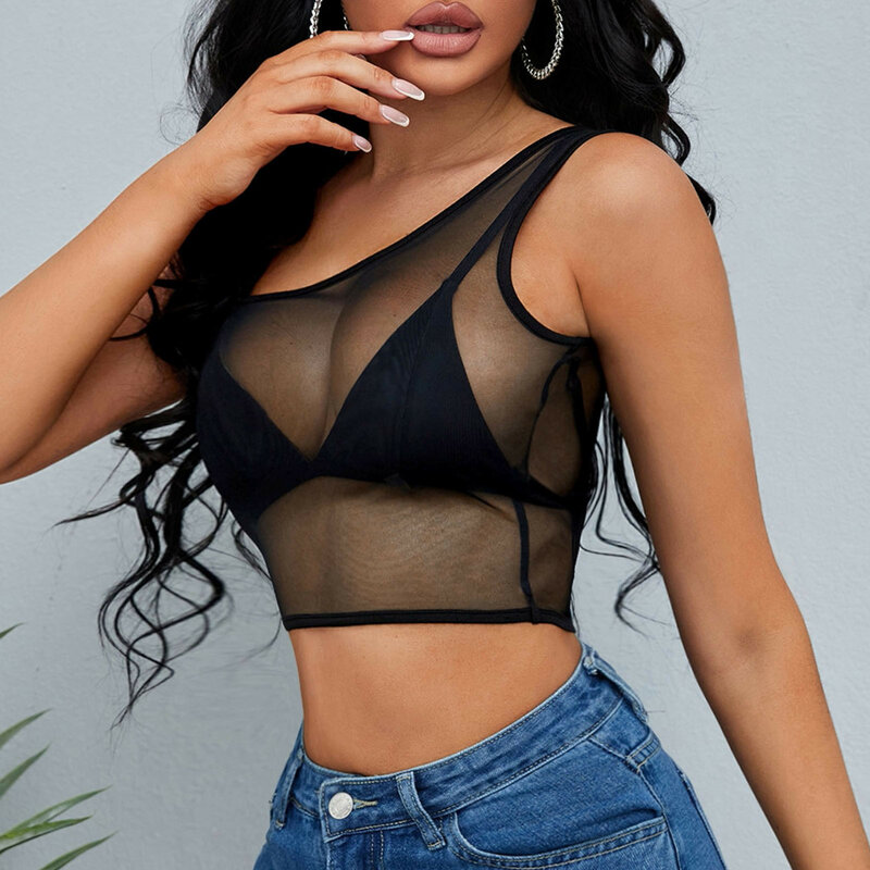 Sexy Mulheres Negras Sem Mangas Sheer Mesh Top Um Ombro Camisa Streetwear Tees Magro See-through Transparente Colheita Tops Clube Blusa