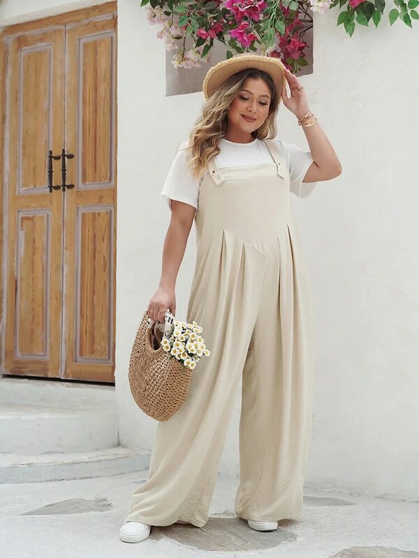 GIBSIE Plus Size Casual Solid Overall Jumpsuits Women Summer Sleeveless Loose Boho Vacation Fashion Wide Leg Jumpsuit 2024 New