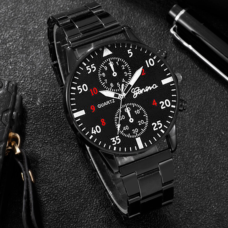 Ensemble de montres d'affaires en acier inoxydable pour hommes, bracelet noir décontracté, collier pendentif, montre à quartz, mode, 3 pièces