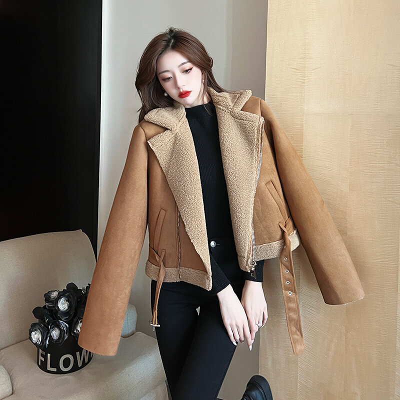 Women Short Jacket Lambswool Overcoat Loose Fur One Casual Jacket Autumn Winter Thick Warm Parka Female Motorcycle Clothes