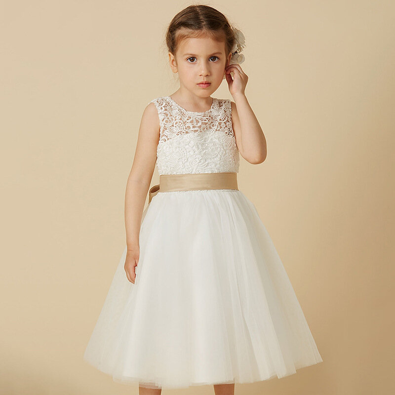 Children's Wedding Dress Girls' Sleeveless Lace Performance Birthday Puffy Princess Mid length Dress