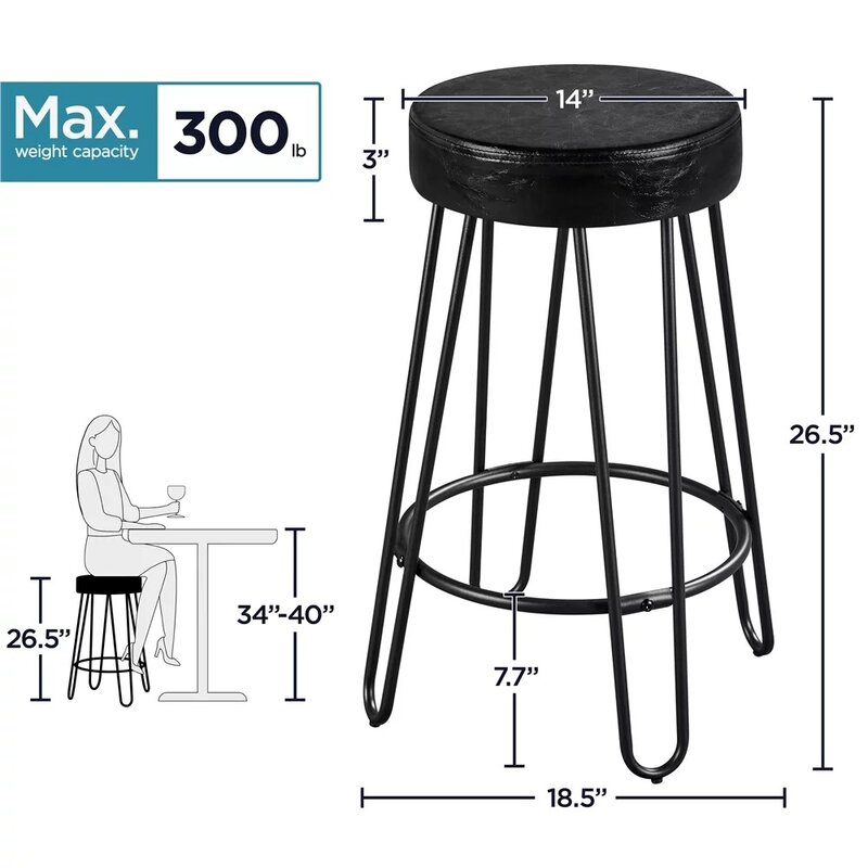مقاعد طاولة من الجلد الصناعي ، مقعد دائري بدون ظهر ، كراسي مطبخ سوداء ، مجموعة من 2