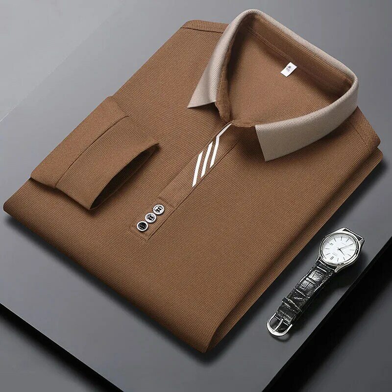Camisa polo masculina de mangas compridas, top elástico fino, gola em tesoura, monocromática, casual, de negócios, novo, moda, outono