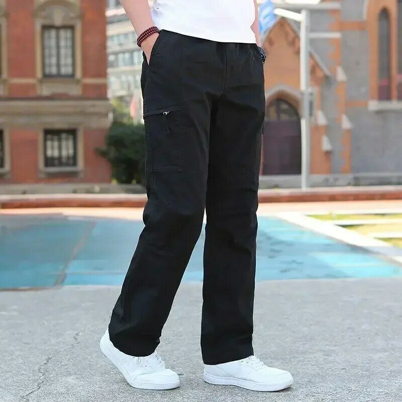 Duże męskie kieszonkowe spodnie Cargo cienka bawełna oddychające spodnie Plus Size