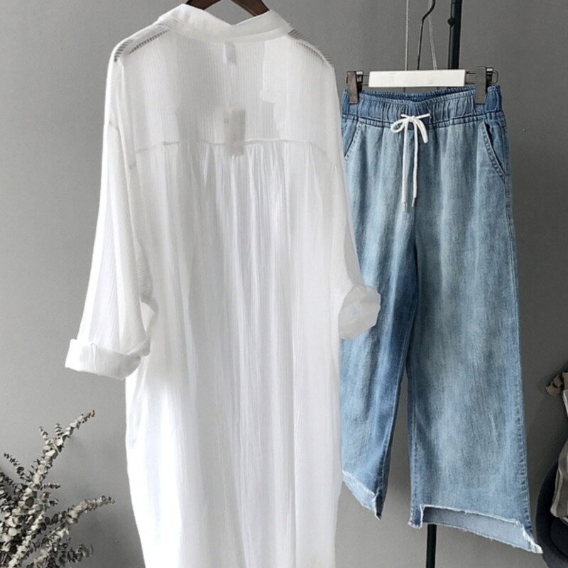 Camisas de proteção solar respirável manga longa feminina, streetwear estilo coreano, roupas finas de verão, monocromáticas, simples, largas, combina com tudo