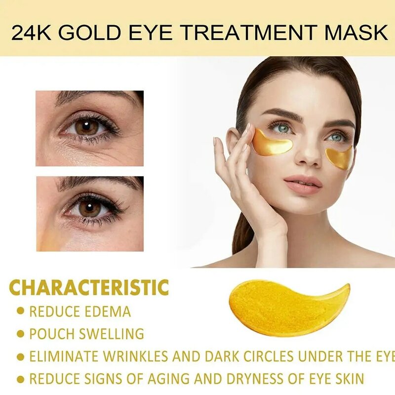 Masque pour les yeux à l'acide hyaluronique d'or 24K, élimine les cernes, les cernes, le collagène, les patchs sous les yeux, les soins de la peau du visage, 60 pièces par boîte