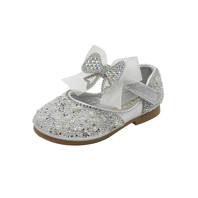 New Children's Sequined Leather Shoes Girls Princess Rhinestone Bowknot Single Shoes Fashion Baby Kids Wedding Shoes