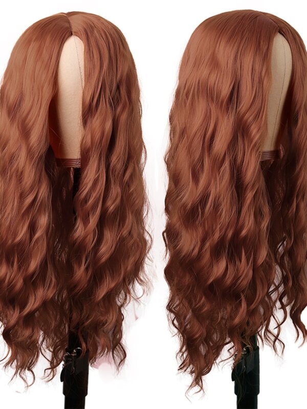 Cos Wig rambut panjang wanita Anime berbulu coklat jahe oranye keriting panjang penuh kepala