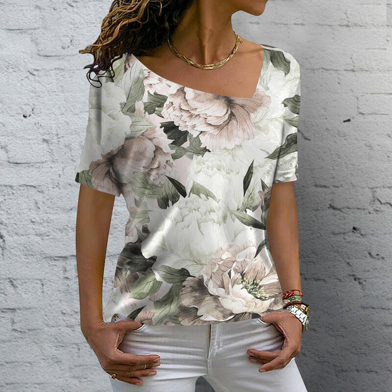 2023 New V-neck Fashion T Shirt Summer Flower Printing Short Sleeve Women's Casual Basic T-Shirt Ladies Vintage Elegance Tops