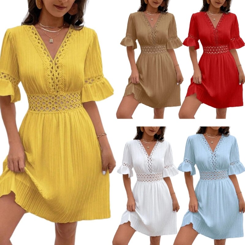 Womens Summers Flared Sleeve Minis Dress Vneck Highs Waist Flowys A Line Dresses Drop Shipping
