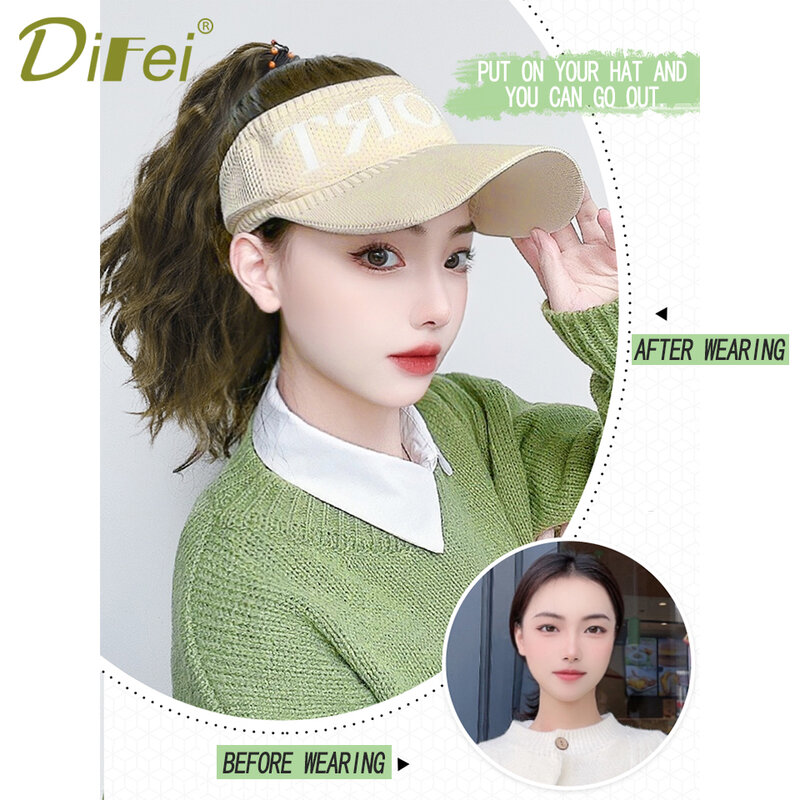 Wig Hat Women's One-piece Synthetic Wig Fashion With Hair Visor Cap Empty Top Spring And Summer Wavy Ponytail Full Headgear