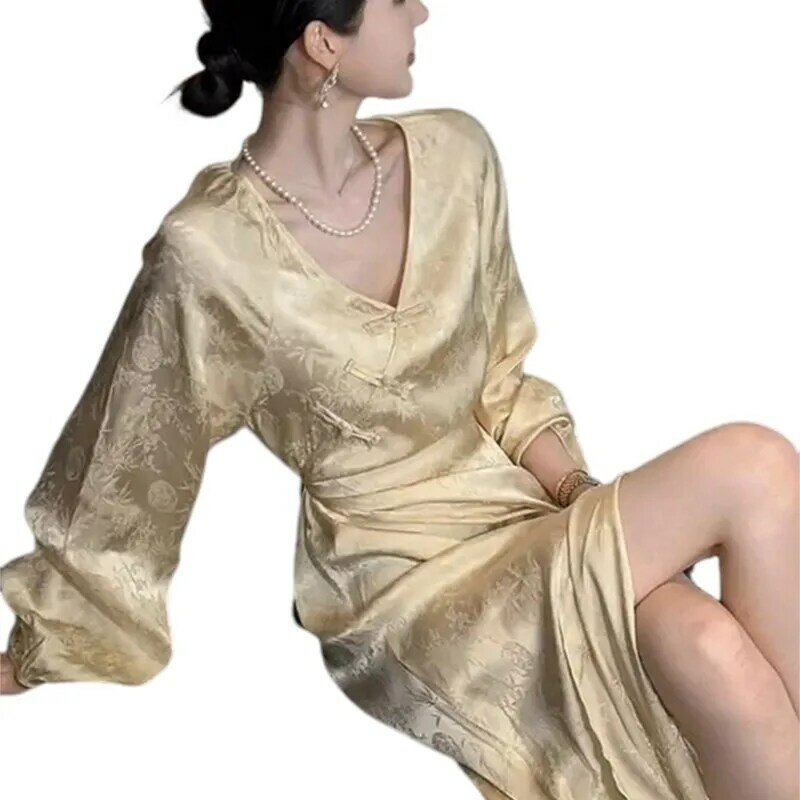 Neue chinesische Stil formale Gelegenheit gelb verbessert Cheong sam Taille-engen Boden Kleid