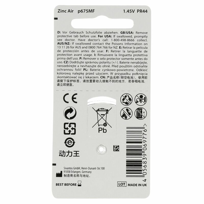 Extra Power Hearing Aid Zinc Air Batteries  675 / A675 / PR44 Pack of 6  for CIC Hearing Aid